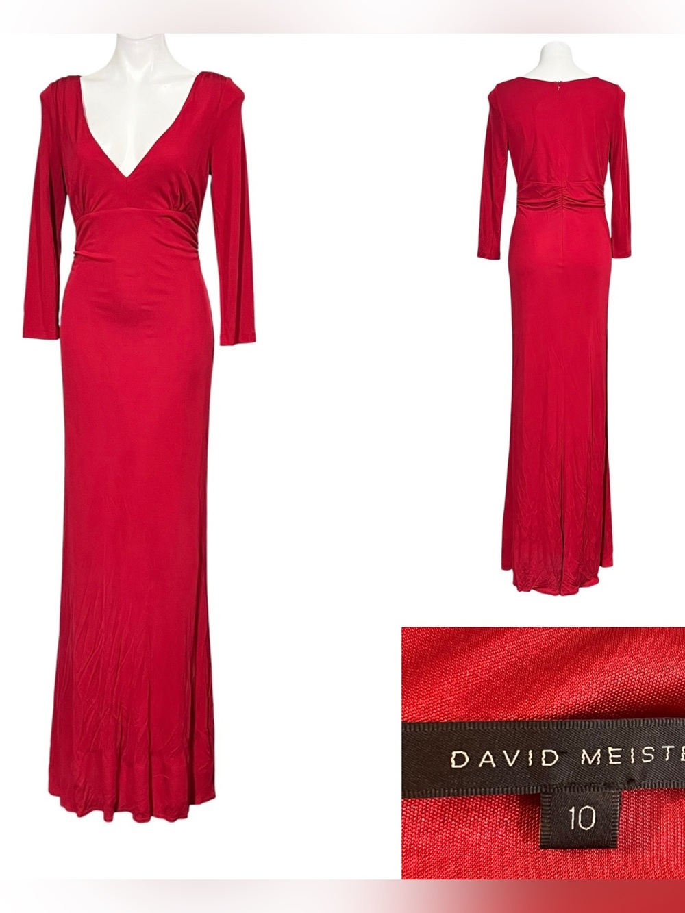 David Meister Maxi Gown Sz 10 Red Long Sleeve V-Neck ruched sexy formal occasion